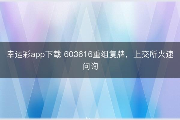 幸运彩app下载 603616重组复牌，上交所火速问询