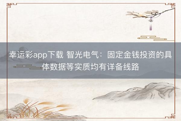 幸运彩app下载 智光电气：固定金钱投资的具体数据等实质均有详备线路